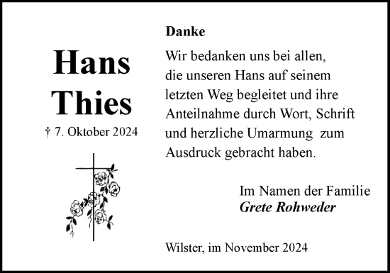 Traueranzeige von Hans Thies von Norddeutsche Rundschau, Wilstersche Zeitung, Glückstädter Fortuna