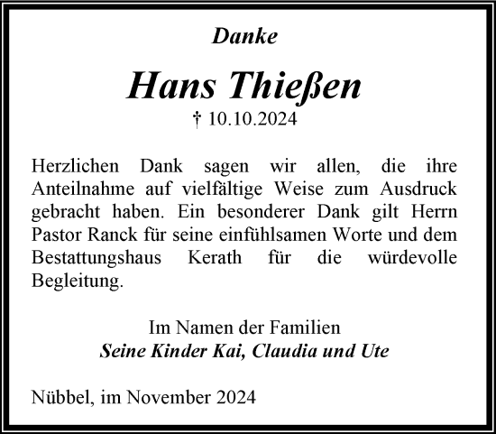 Traueranzeige von Hans Thießen von Schleswig-Holsteinische Landeszeitung