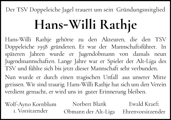 Traueranzeige von Hans-Willi Rathje von Schleswiger Nachrichten, Schlei-Bote