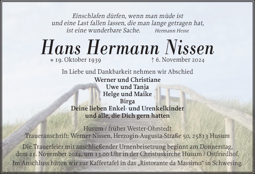  Traueranzeige für Hans Hermann Nissen vom 13.11.2024 aus Husumer Nachrichten, Nordfriesland Tageblatt