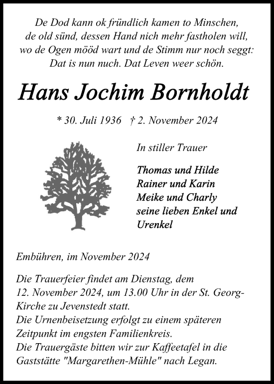 Traueranzeige von Hans Jochim Bornholdt von Schleswig-Holsteinische Landeszeitung