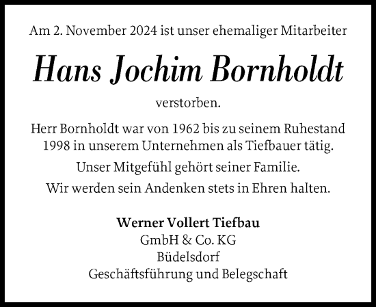 Traueranzeige von Hans Jochim Bornholdt von Schleswig-Holsteinische Landeszeitung