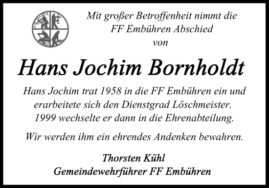 Traueranzeige von Hans Jochim Bornholdt von Schleswig-Holsteinische Landeszeitung