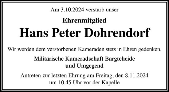 Traueranzeige von Hans Peter Dohrendorf von Stormaner Tageblatt