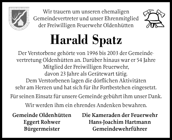 Traueranzeige von Harald Spatz von Schleswig-Holsteinische Landeszeitung