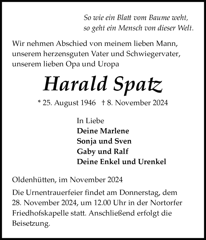  Traueranzeige für Harald Spatz vom 23.11.2024 aus Schleswig-Holsteinische Landeszeitung