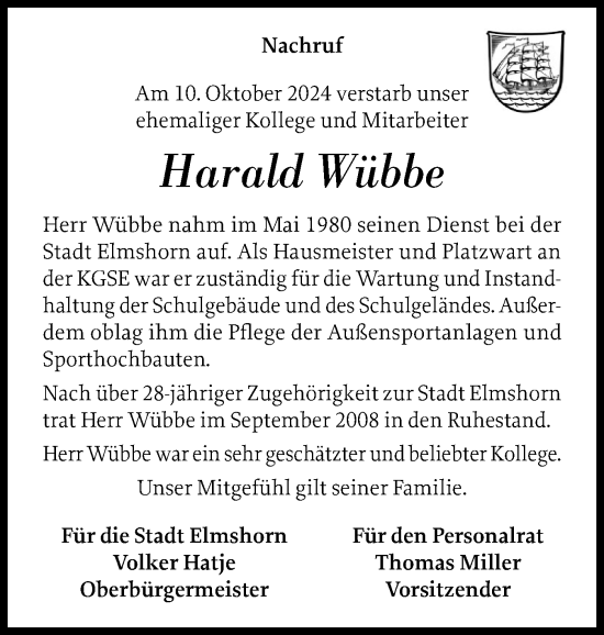 Traueranzeige von Harald Wübbe von Elmshorner Nachrichten, Barmstedter Zeitung