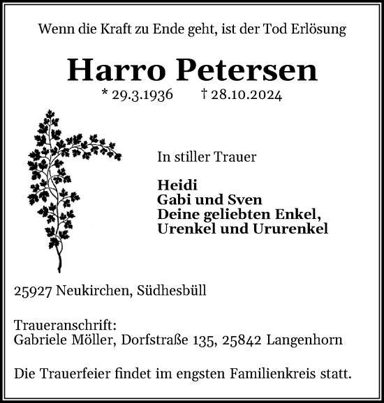 Traueranzeige von Harro Petersen von Husumer Nachrichten, Nordfriesland Tageblatt