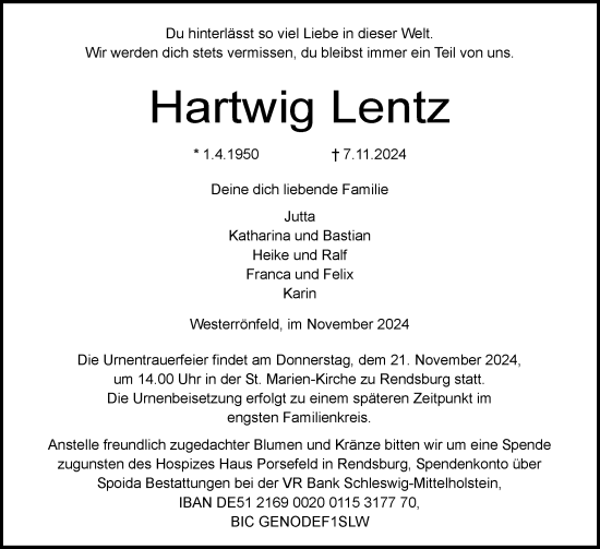 Traueranzeige von Hartwig Lentz von Schleswig-Holsteinische Landeszeitung