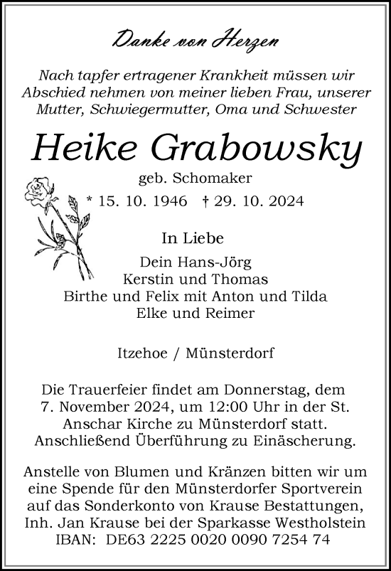 Traueranzeige von Heike Grabowsky von Norddeutsche Rundschau, Wilstersche Zeitung, Glückstädter Fortuna