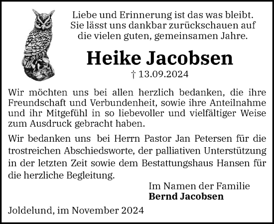 Traueranzeige von Heike Jacobsen von Husumer Nachrichten, Nordfriesland Tageblatt