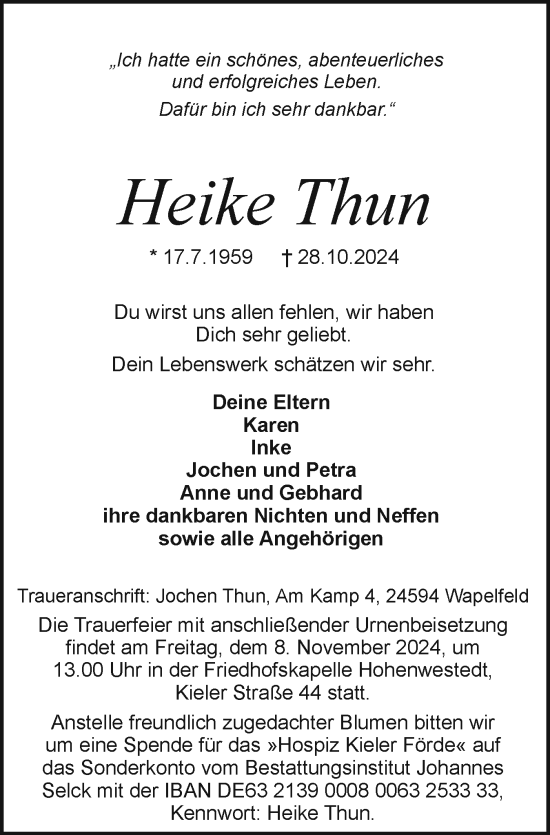 Traueranzeige von Heike Thun von Holsteinischer Courier