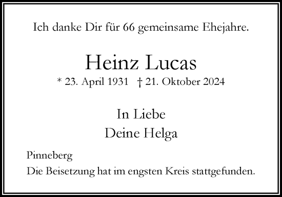 Traueranzeige von Heinz Lucas von Region Pinneberg und tip Pinneberg