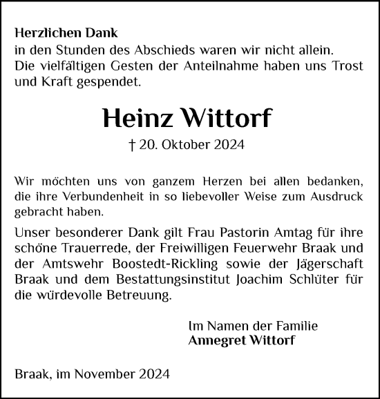 Traueranzeige von Heinz Wittorf von Holsteinischer Courier