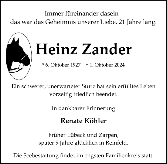 Traueranzeige von Heinz Zander von Stormaner Tageblatt