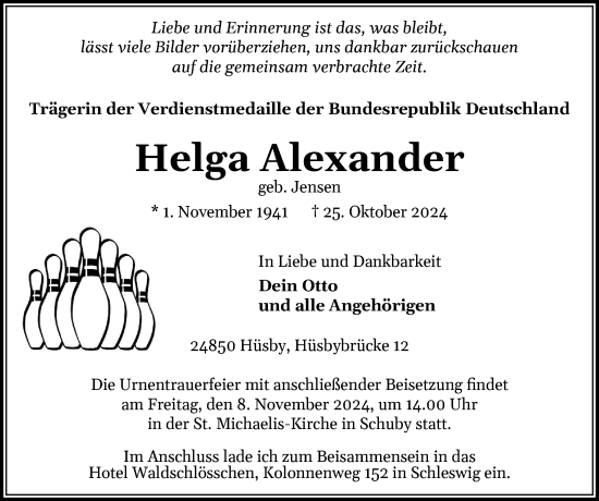 Traueranzeige von Helga Alexander von Schleswiger Nachrichten, Schlei-Bote