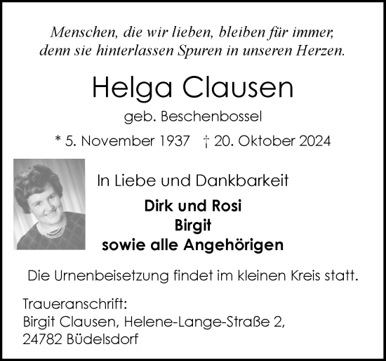 Traueranzeige von Helga Clausen von Husumer Nachrichten, Nordfriesland Tageblatt