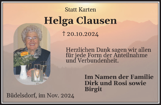 Traueranzeige von Helga Clausen von Husumer Nachrichten, Nordfriesland Tageblatt