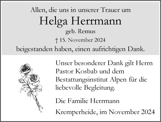 Traueranzeige von Helga Herrmann von Norddeutsche Rundschau, Wilstersche Zeitung, Glückstädter Fortuna