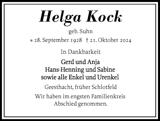 Traueranzeige von Helga Kock von Norddeutsche Rundschau, Wilstersche Zeitung, Glückstädter Fortuna