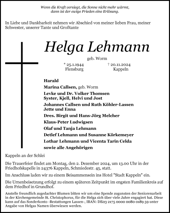 Traueranzeige von Helga Lehmann von Flensburger Tageblatt, Schleswiger Nachrichten, Schlei-Bote