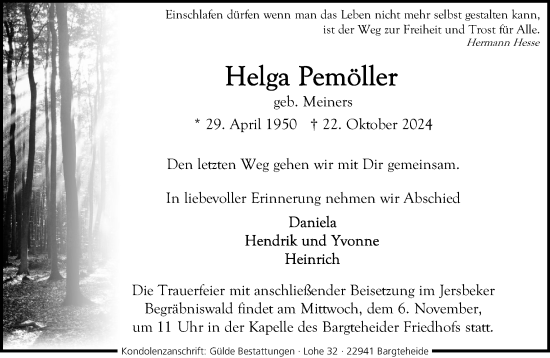 Traueranzeige von Helga Pemöller von Stormaner Tageblatt