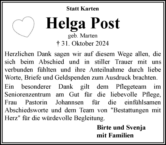 Traueranzeige von Helga Post von Flensburger Tageblatt