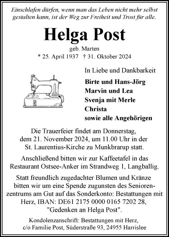 Traueranzeige von Helga Post von Flensburger Tageblatt