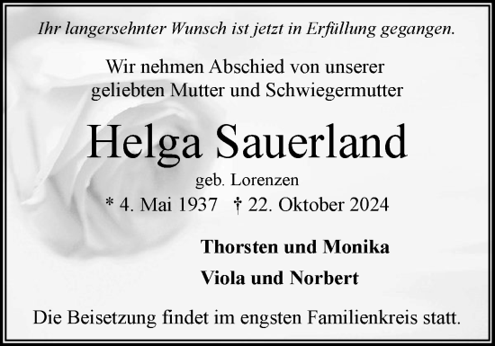 Traueranzeige von Helga Sauerland von Flensburger Tageblatt