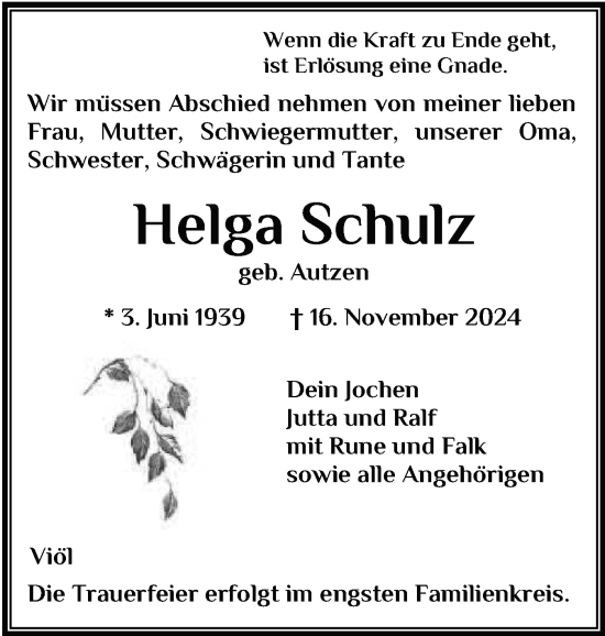 Traueranzeige von Helga Schulz von Husumer Nachrichten, Nordfriesland Tageblatt