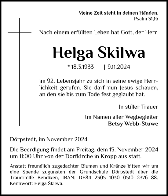 Traueranzeige von Helga Skilwa von Schleswiger Nachrichten, Schlei-Bote