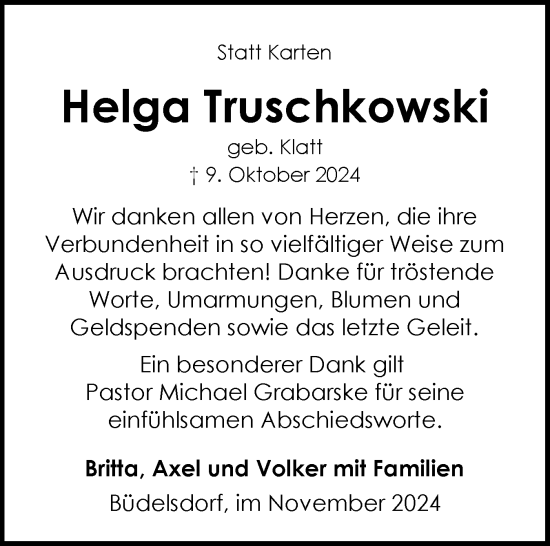 Traueranzeige von Helga Truschkowski von Schleswig-Holsteinische Landeszeitung