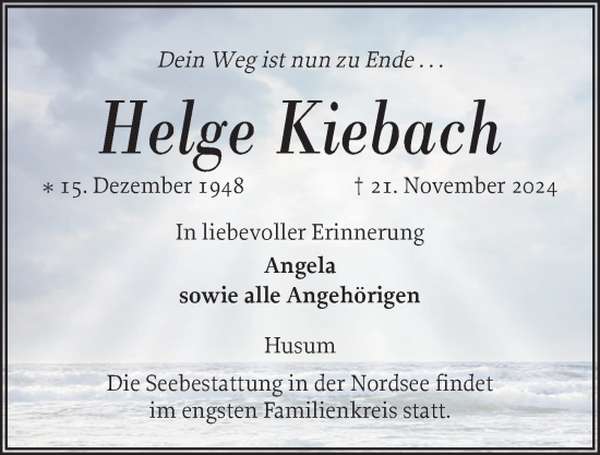 Traueranzeige von Helge Kiebach von Husumer Nachrichten, Nordfriesland Tageblatt
