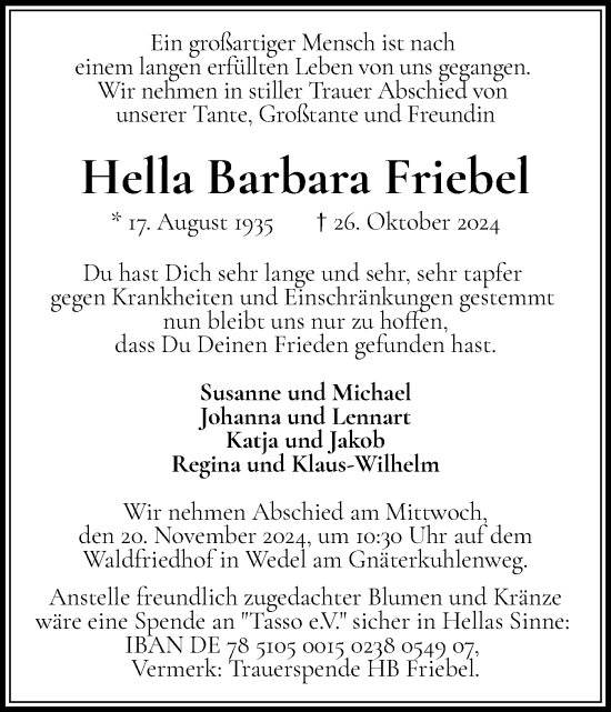 Traueranzeige von Hella Barbara Friebel von Region Pinneberg und tip Pinneberg