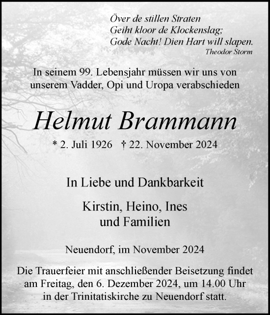 Traueranzeige von Helmut Brammann von Elmshorner Nachrichten, Barmstedter Zeitung