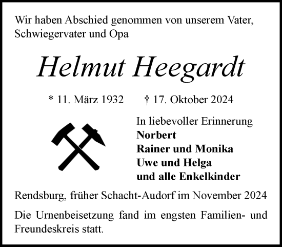 Traueranzeige von Helmut Heegardt von Schleswig-Holsteinische Landeszeitung