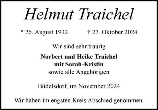 Traueranzeige von Helmut Traichel von Schleswig-Holsteinische Landeszeitung