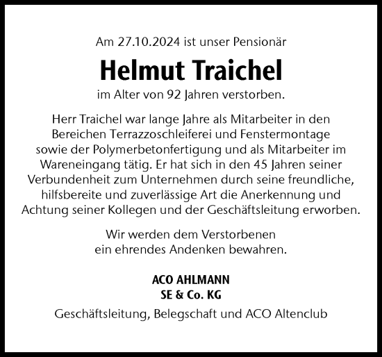 Traueranzeige von Helmut Traichel von Schleswig-Holsteinische Landeszeitung