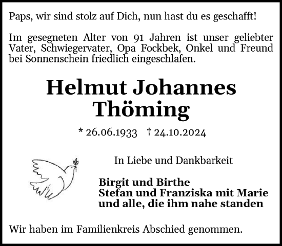 Traueranzeige von Helmut Johannes Thöming von Schleswig-Holsteinische Landeszeitung
