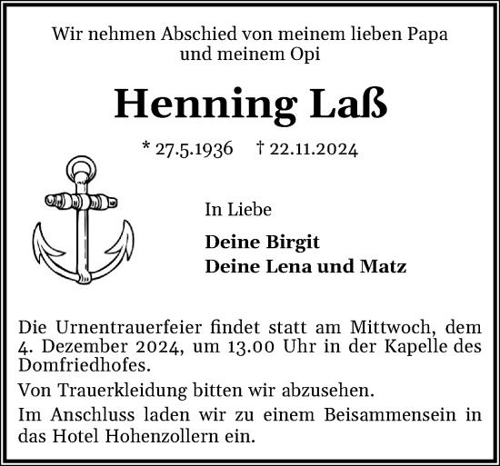 Traueranzeige von Henning Laß von Schleswiger Nachrichten, Schlei-Bote