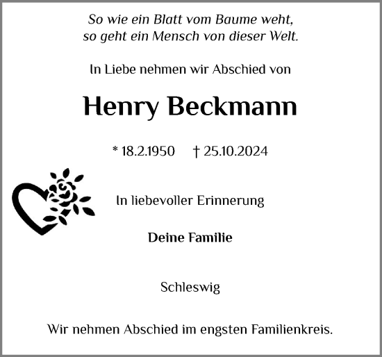 Traueranzeige von Henry Beckmann von Schleswiger Nachrichten, Schlei-Bote