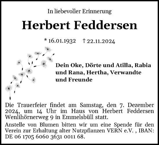 Traueranzeige von Herbert Feddersen von Husumer Nachrichten, Nordfriesland Tageblatt