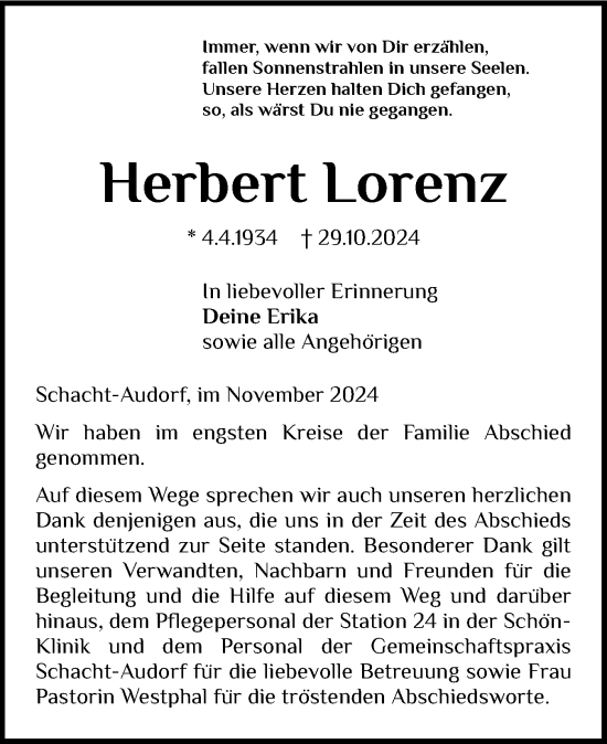 Traueranzeige von Herbert Lorenz von Schleswig-Holsteinische Landeszeitung