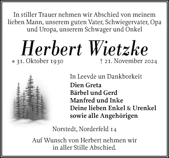 Traueranzeige von Herbert Wietzke von Husumer Nachrichten, Nordfriesland Tageblatt