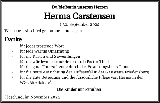 Traueranzeige von Herma Carstensen von Husumer Nachrichten, Nordfriesland Tageblatt