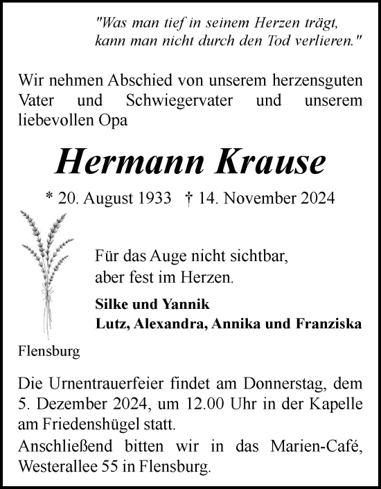 Traueranzeige von Hermann Krause von Flensburger Tageblatt