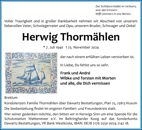 Traueranzeige von Herwig Thormählen von Husumer Nachrichten, Nordfriesland Tageblatt