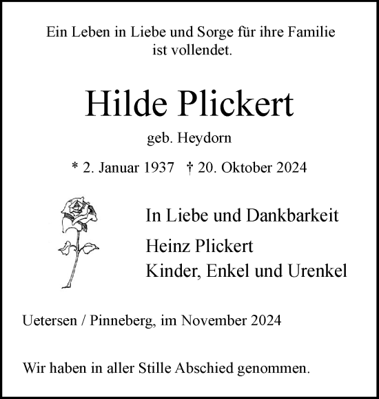 Traueranzeige von Hilde Plickert von Uetersener Nachrichten, Der tip am Wochenende