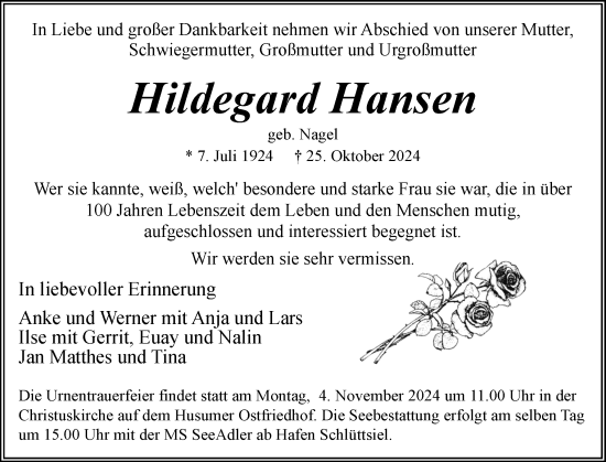 Traueranzeige von Hildegard Hansen von Husumer Nachrichten, Nordfriesland Tageblatt