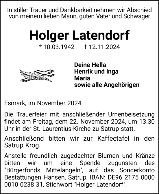 Traueranzeige von Holger Latendorf von Flensburger Tageblatt